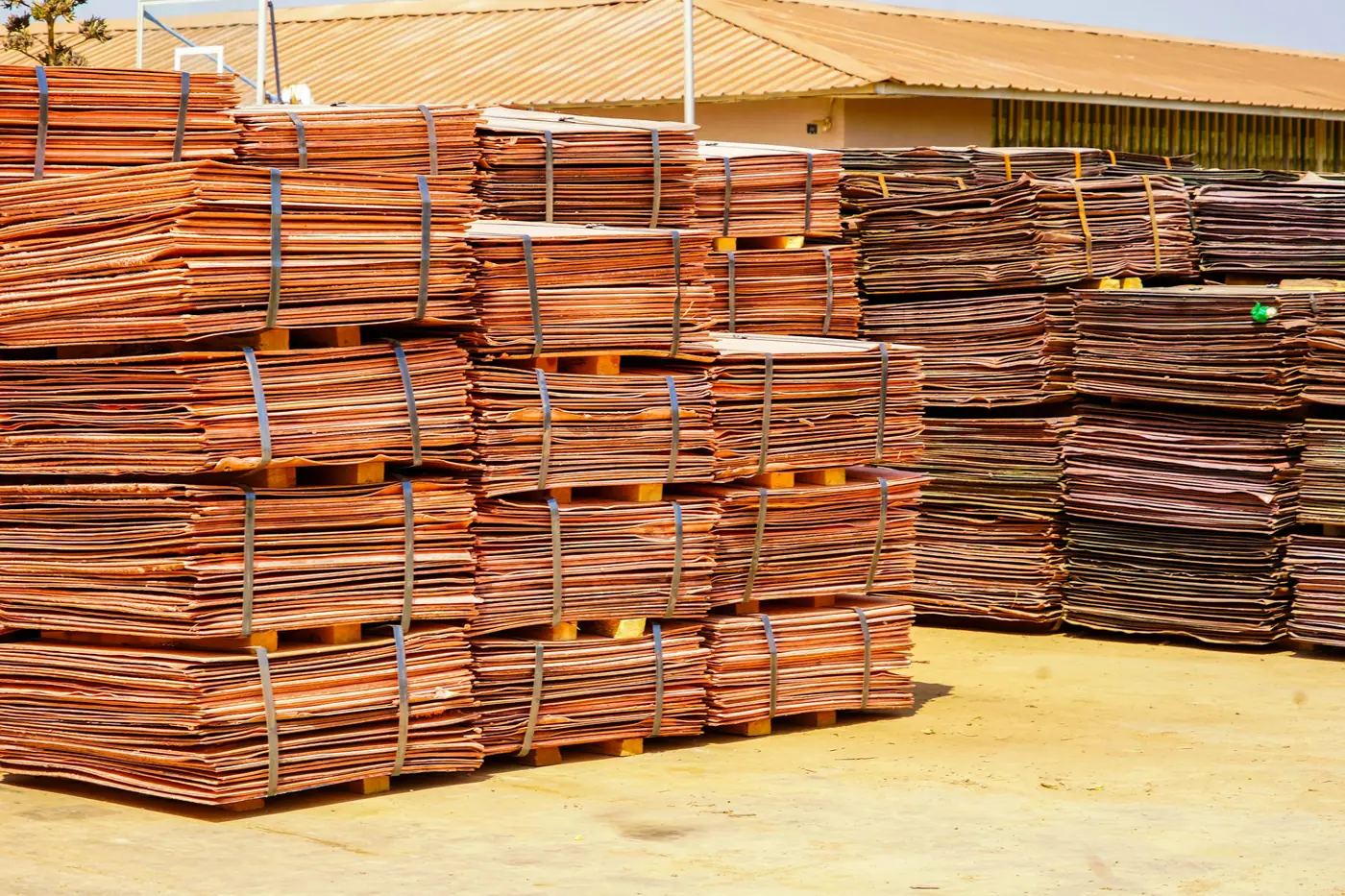 Stacks of copper cathode sheets in a storage yard
