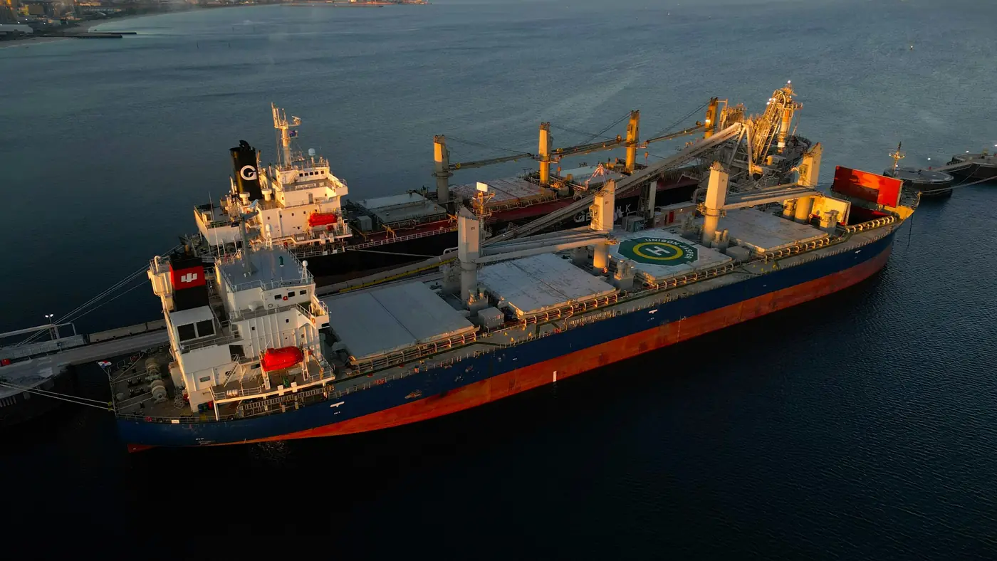 Aerial view of a geared bulk carrier at sea